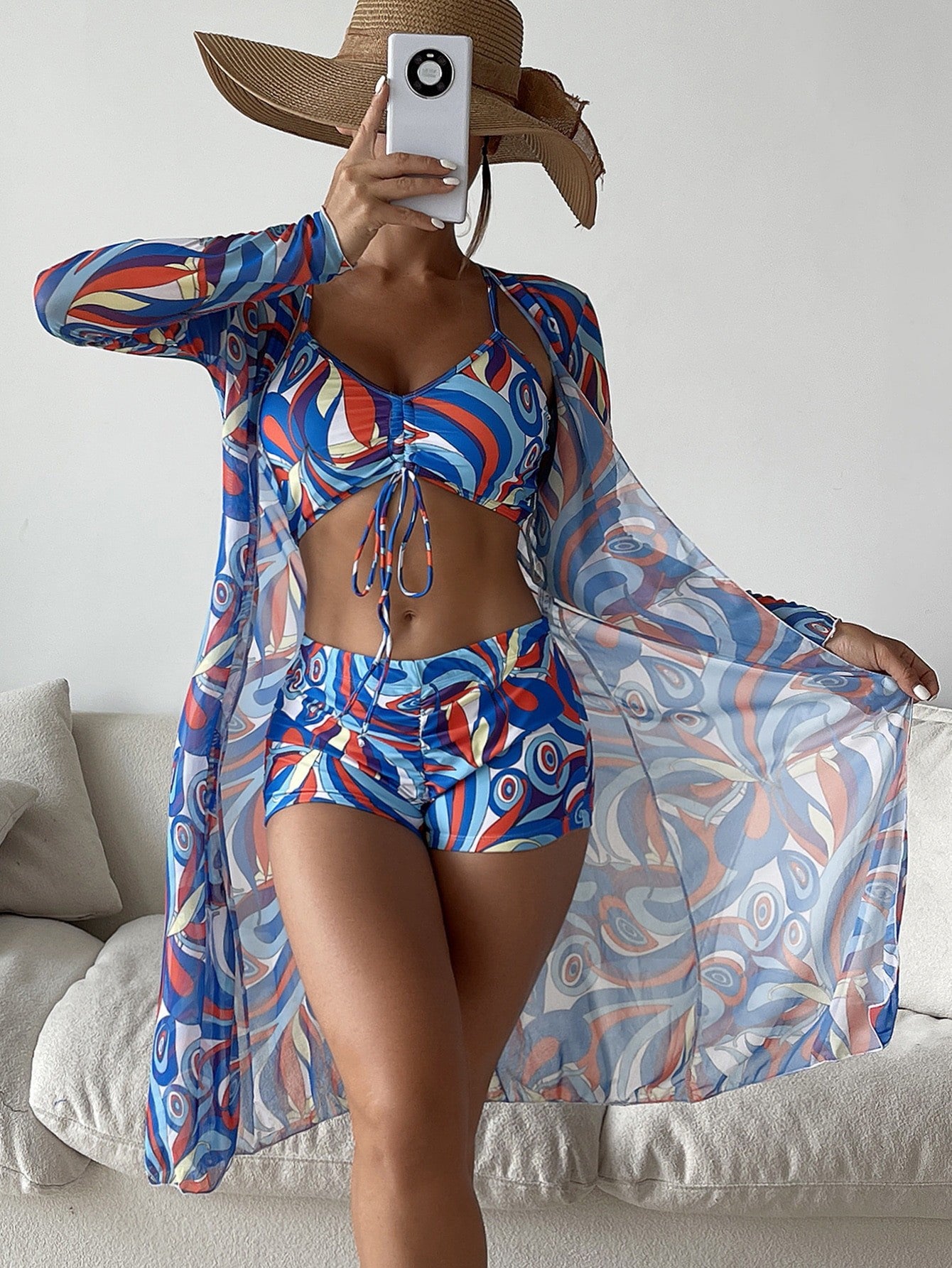 Rovikna 2025 new bikini three-piece digital printing overalls swimsuit Women's Floral Print Three-Piece Swimsuit Set with Cover-Up